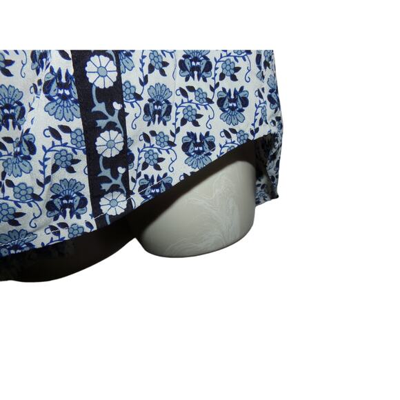 Beach Lunch Lounge silky polyester blouse blue‎ floral retro boho Fall work - Picture 4 of 5